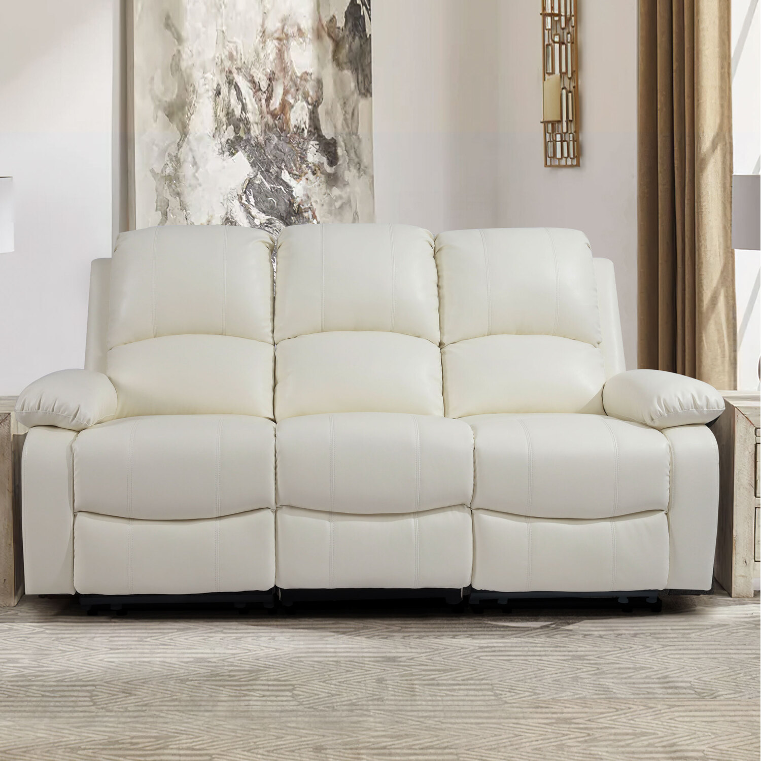 Bonded Leather Reclining 3 Seater Sofa - Ivory