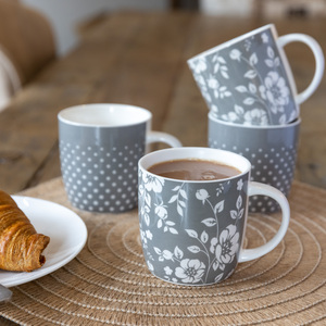 KitchenCraft 4-Piece Grey Floral  Polka Dot Mug Set