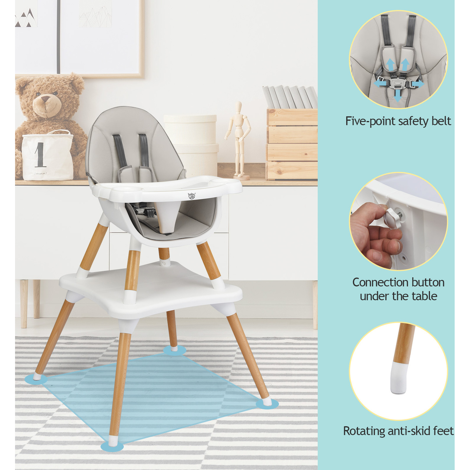 Babyhug 4 in 1 Convertible High Chair with Adjustable Height & Comfortable Seat - White