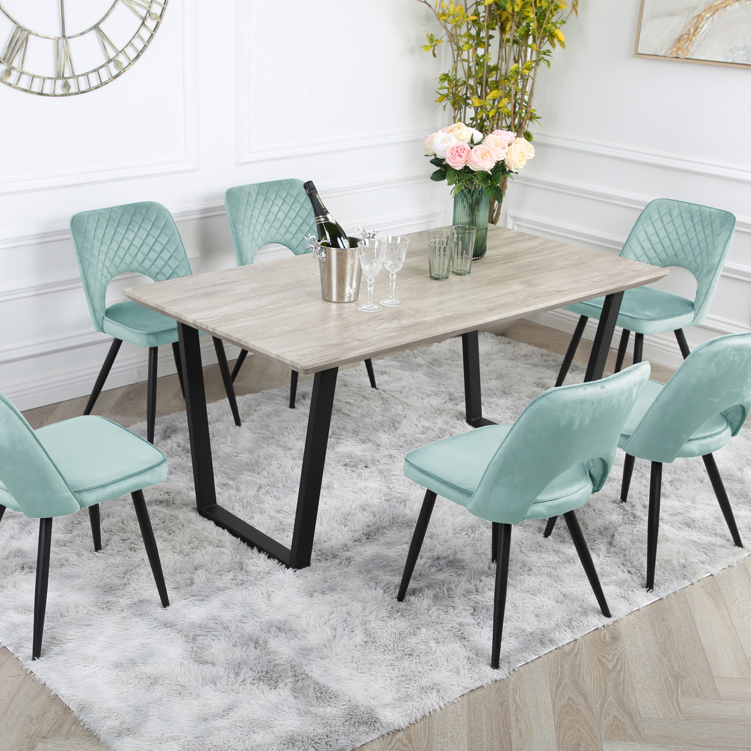 Imex Furniture - Wood-effect Dining Table Set with 6 Metis Velvet Chairs - Teal thumbnail