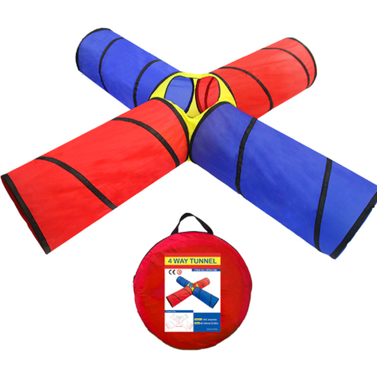 Image of 4-Way Polyester Play Tunnel Kids Toy - Red, Yellow, Blue