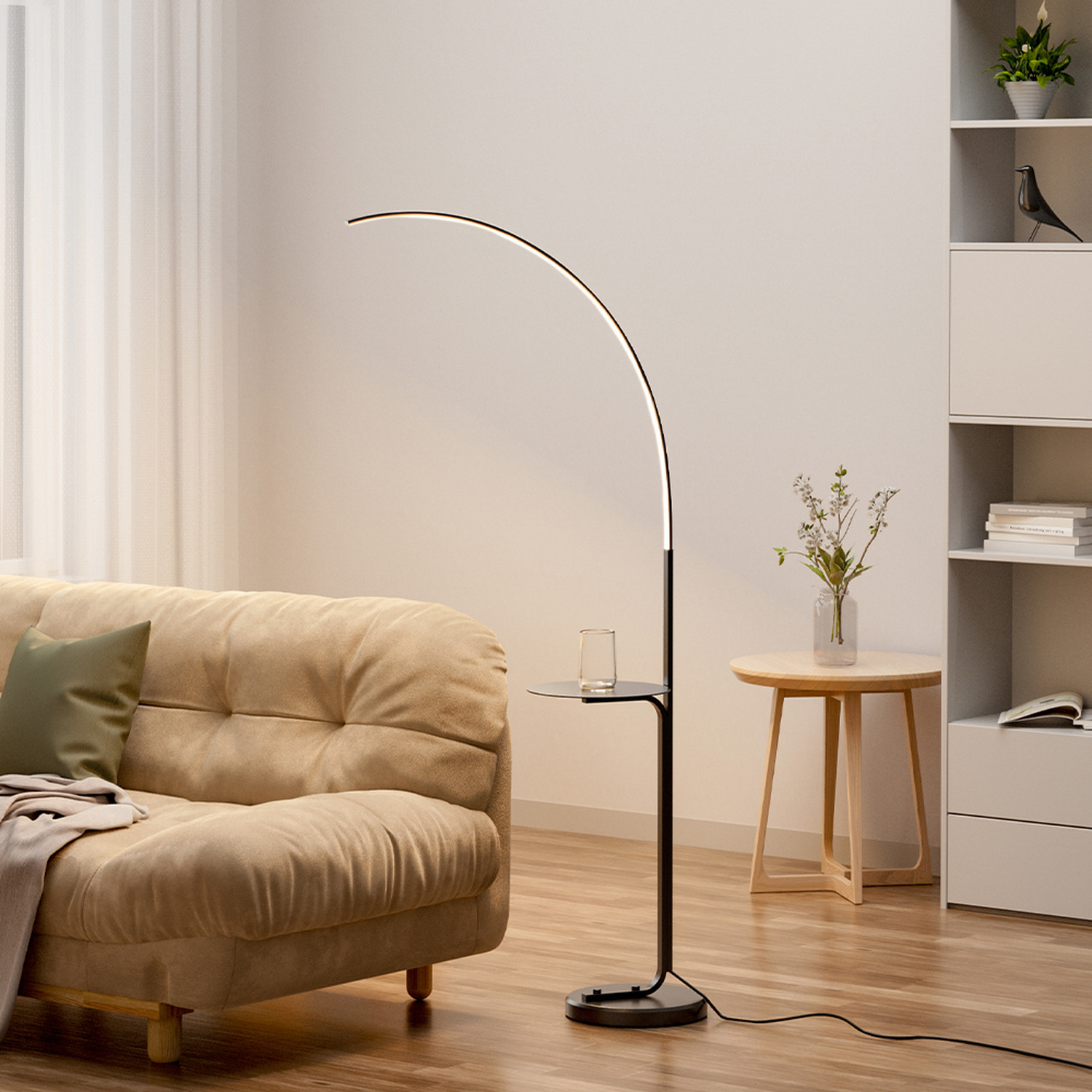 Livingandhome - Marble Arc Minimalist Floor Lamp with Tray - Black thumbnail