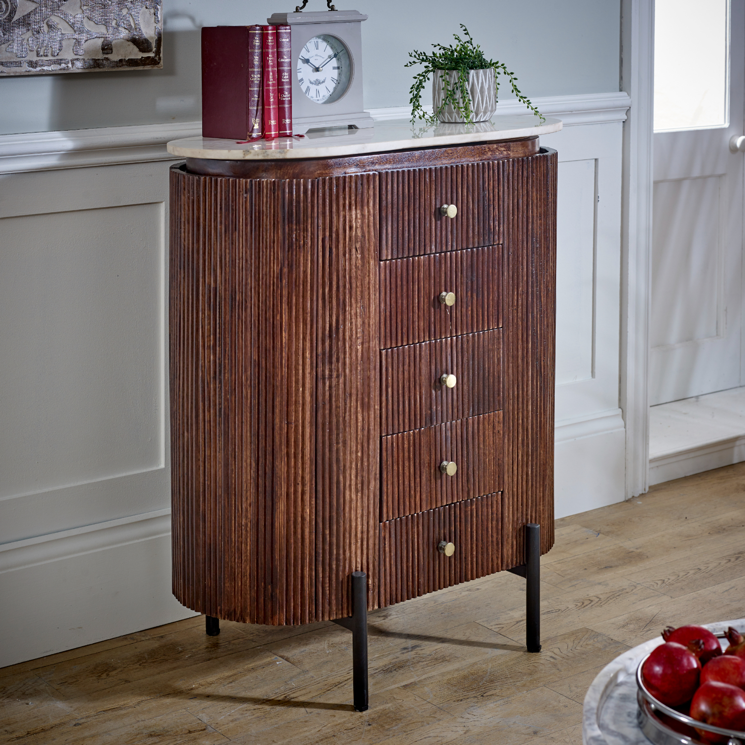 Ruby Mango Wood Wide Chest Of Drawers With Marble Top Metal Legs - Brown