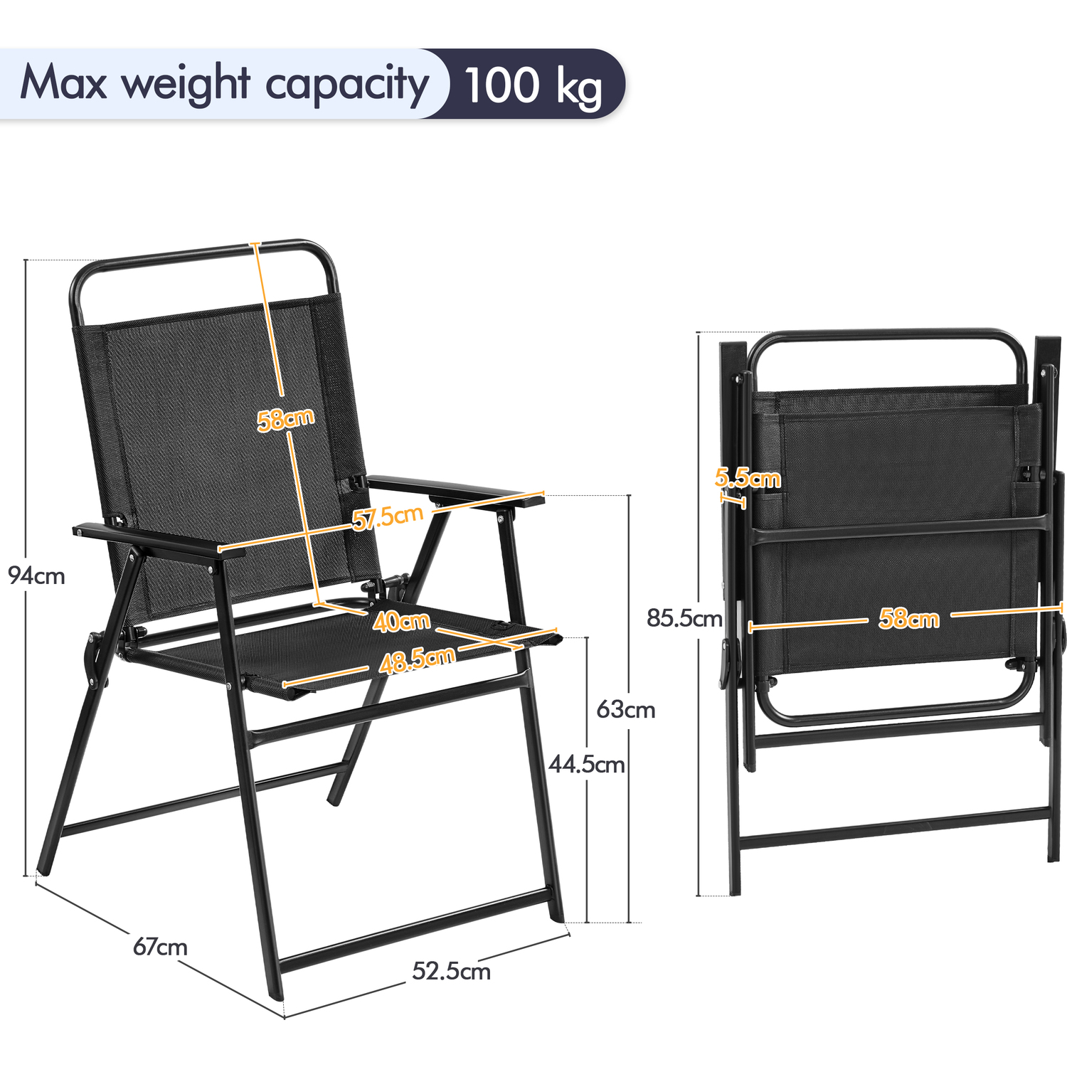 Folding Dining Chair Set For Garden Patio - Black 8 7kg