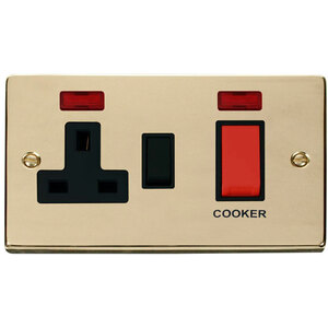 Polished Brass Cooker Control 45A With 13A Switched Plug Socket  2 Neons