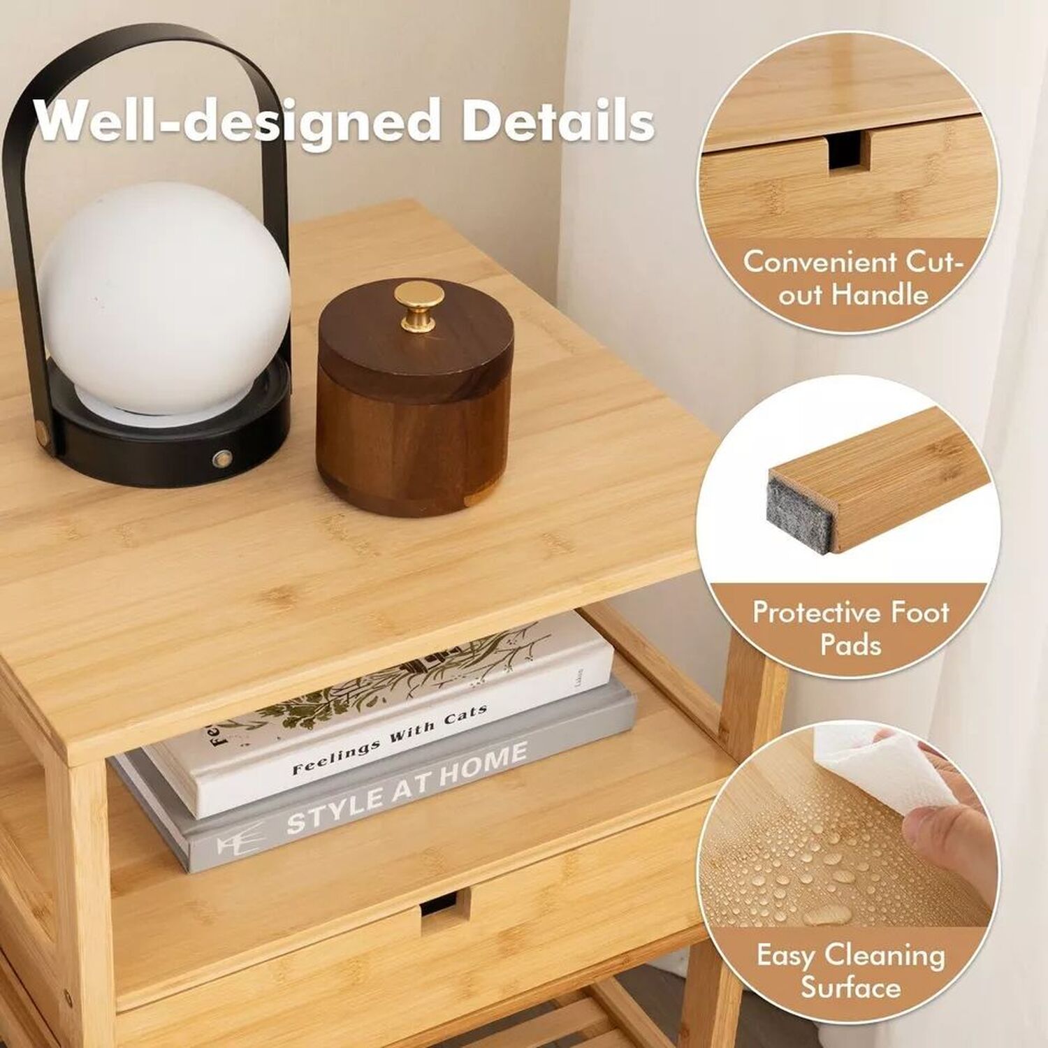 3 Tier Wooden Bedside Tables Set Of 2 - Natural
