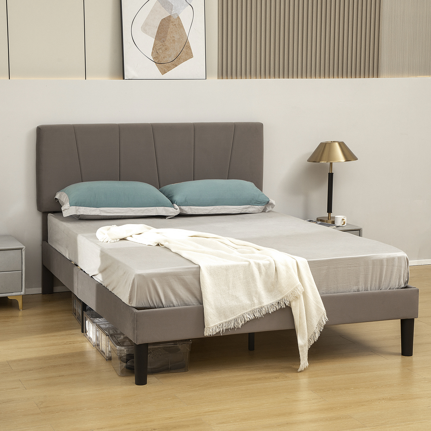 Homcom Velvet Bed Frame With Headboard - Grey Double