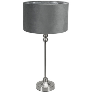 Maggie Chrome Candlestick Table Lamp Grey Velvet and Chrome Inner Shade and Bulb