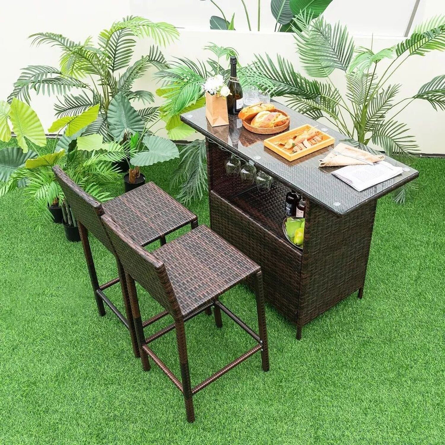 3 Piece Patio Wicker Garden Bar Set Rattan With Storage - Brown