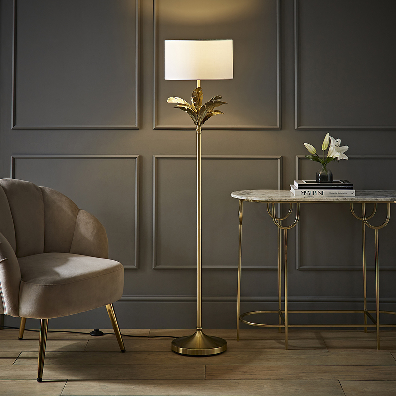 Christina Palm Leaf Floor Lamp with Fabric Drum Shade and LED Bulb - White