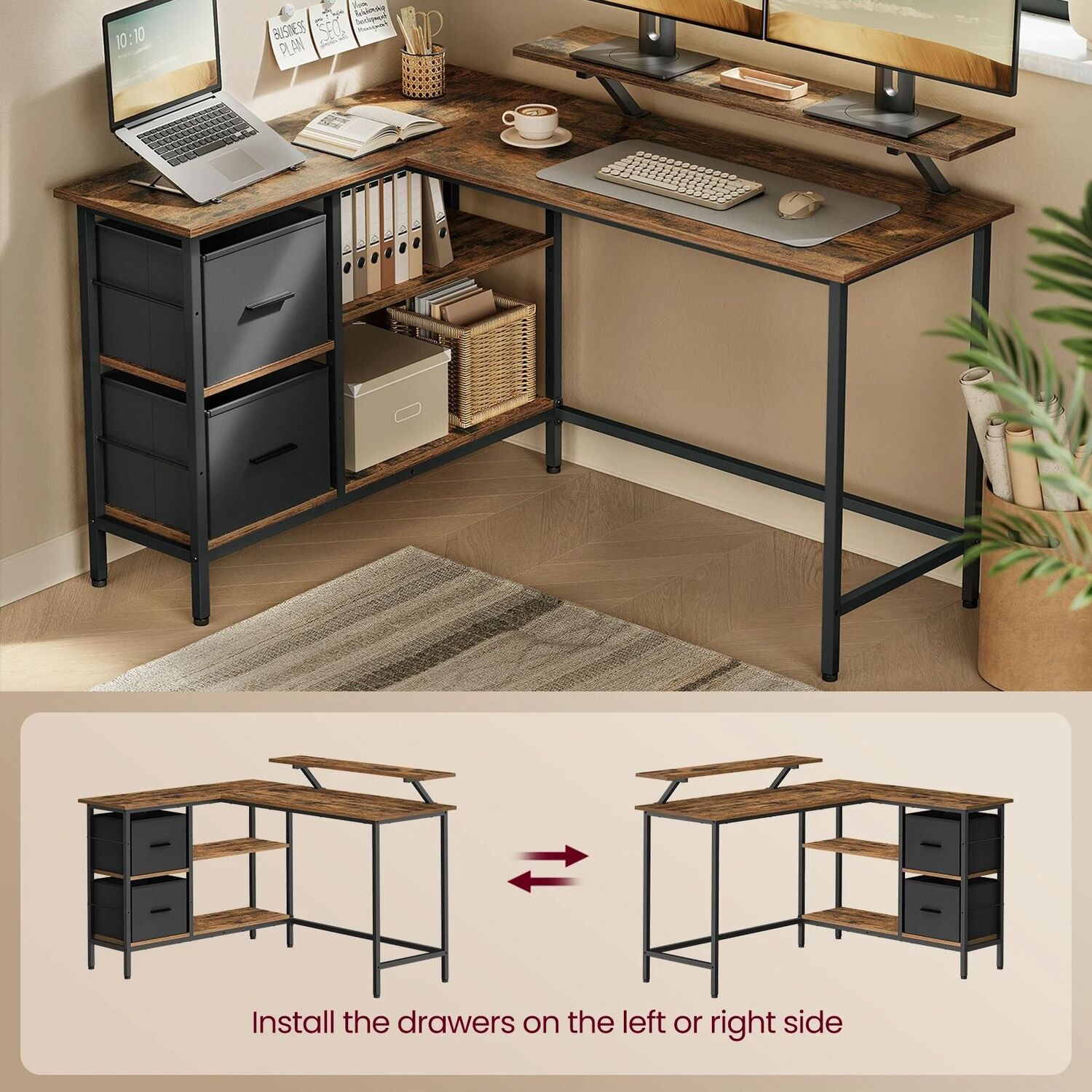 Corner Desk With Drawers And Monitor Stand - Brown 105cm