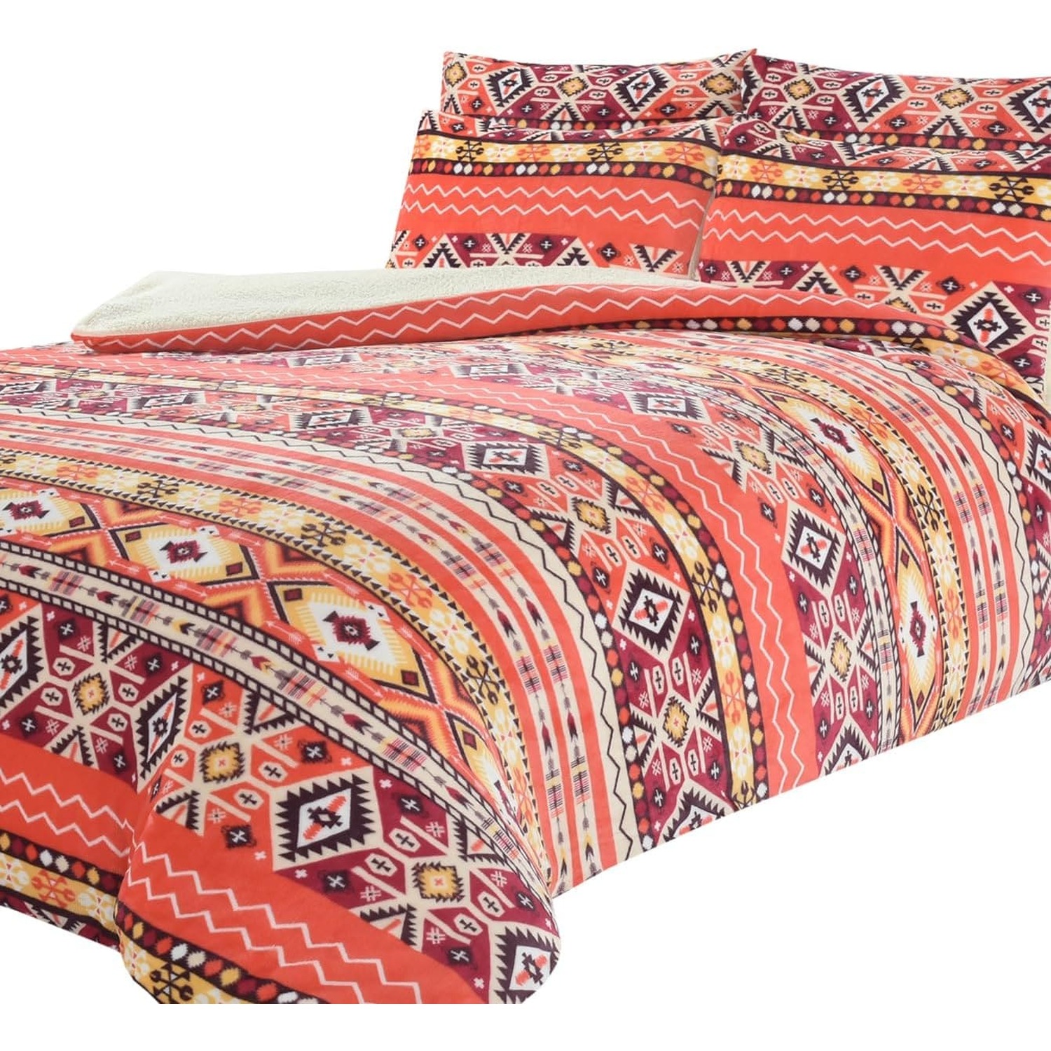 Aztec Printed Teddy Duvet Set - Orange Double