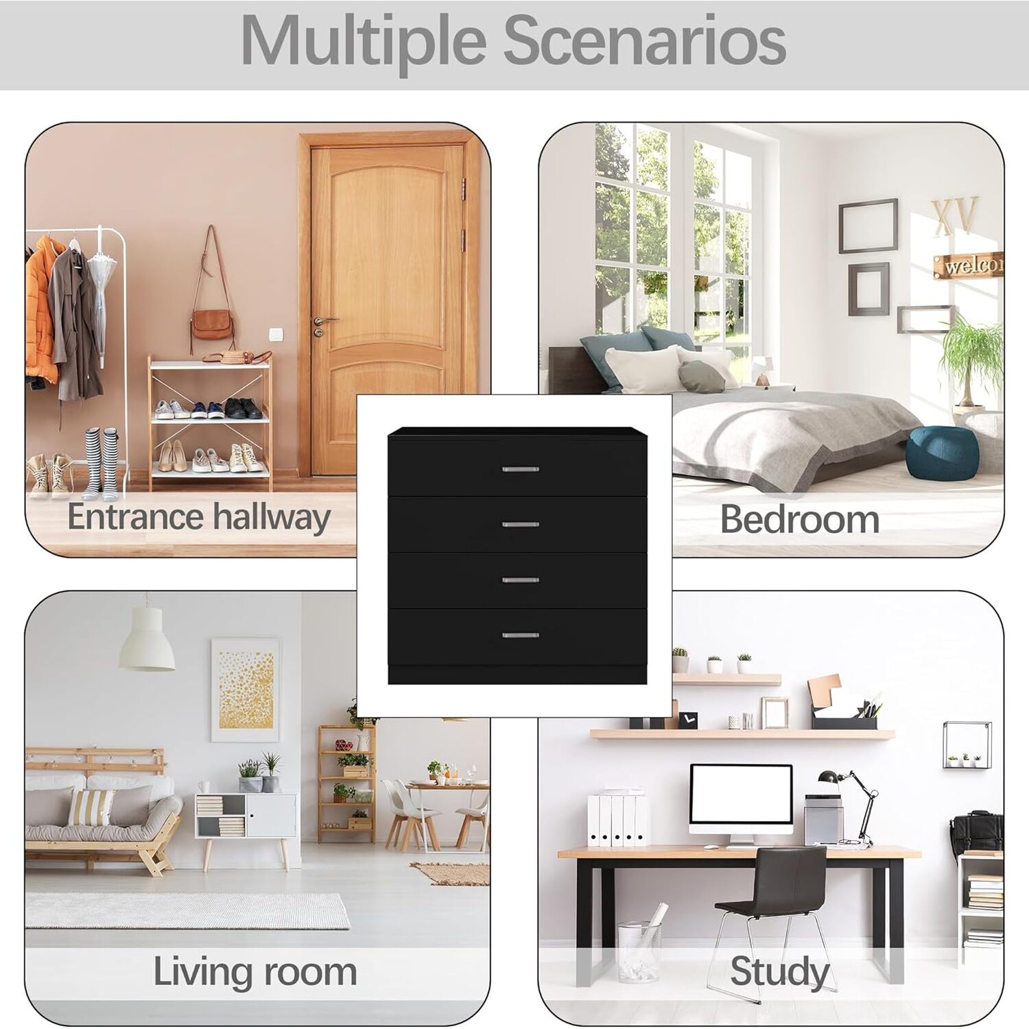 Alivio 4 Drawers Bedside Storage Cabinet - Black