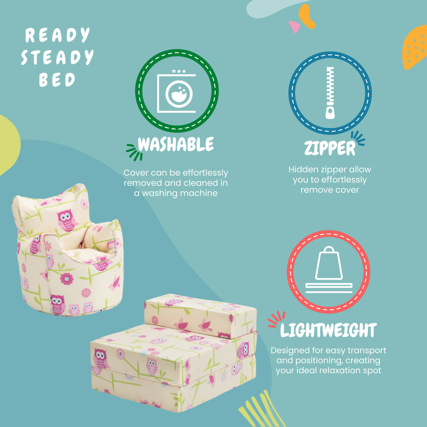 Printed Kids Bean Bag Armchair And Folding Z Bed Mattress - Owls