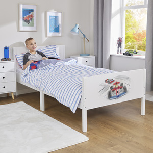 Kids Single White Bed - Racing Cars
