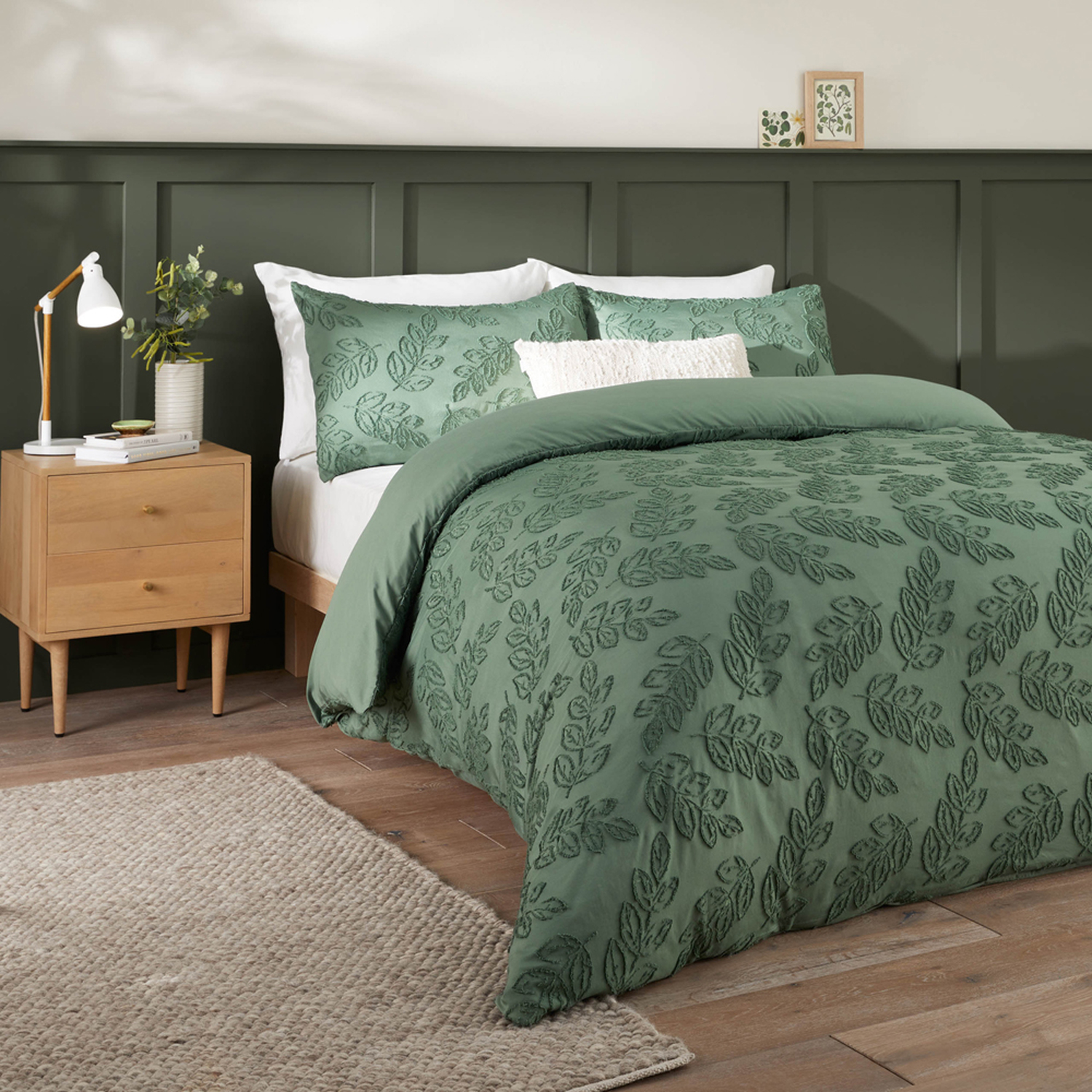 Seville Leaf Tufted Soft Touch Duvet Cover Set - Green / King