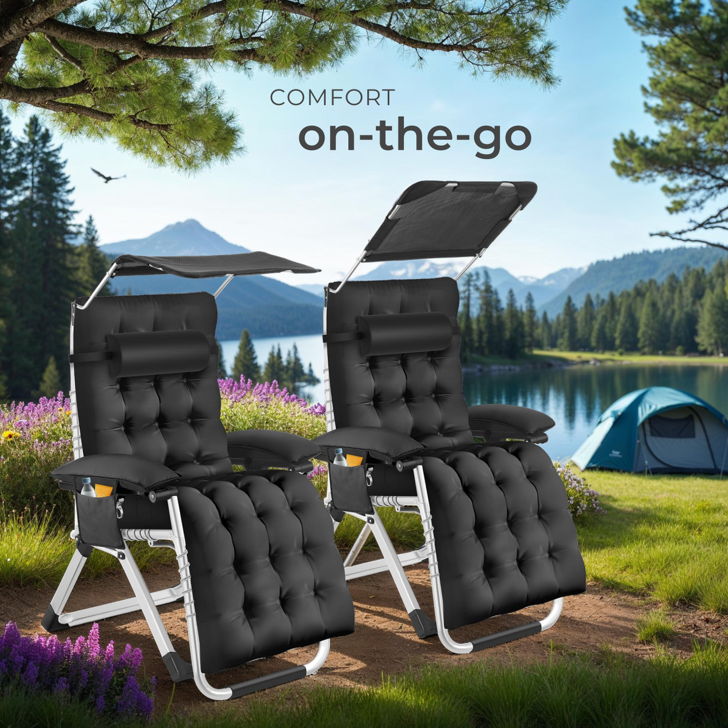 Sun Lounger Plush Padding Sun Shade Folding Function - Black 2