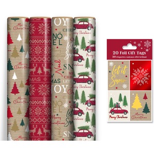 4 Rolls Contemporary Kraft Christmas Wrapping Paper 4M With Tags