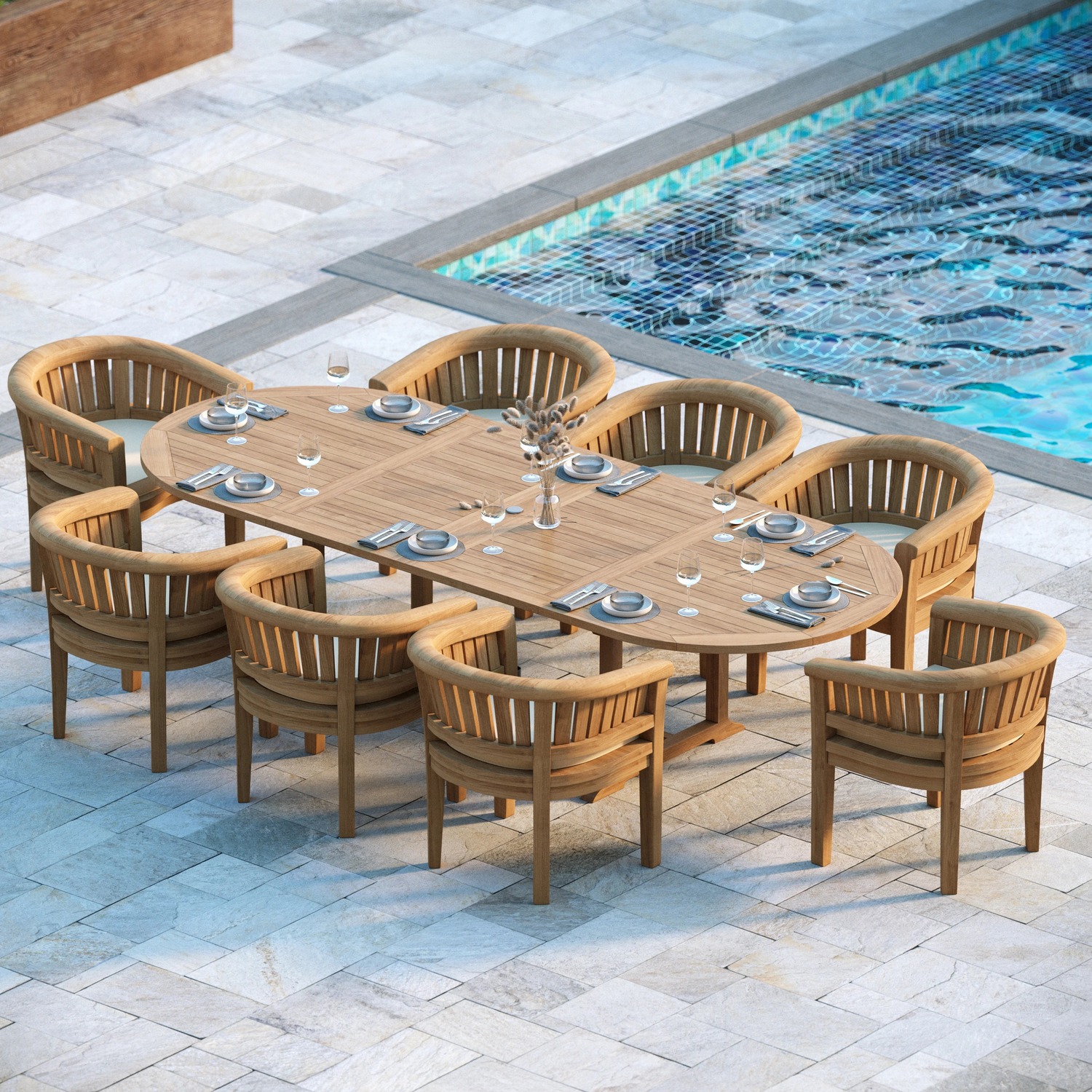 Valetta Teak Garden Dining Table And 8 Seat Chair Set - Teak Table 8 Chairs Cream Cushions