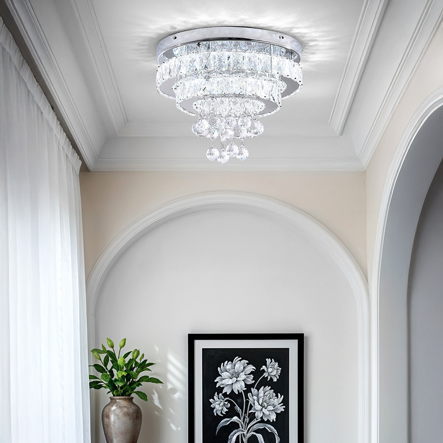 Stainless Steel Led Ceiling Light With Crystal Lampshade - Chrome And Clear