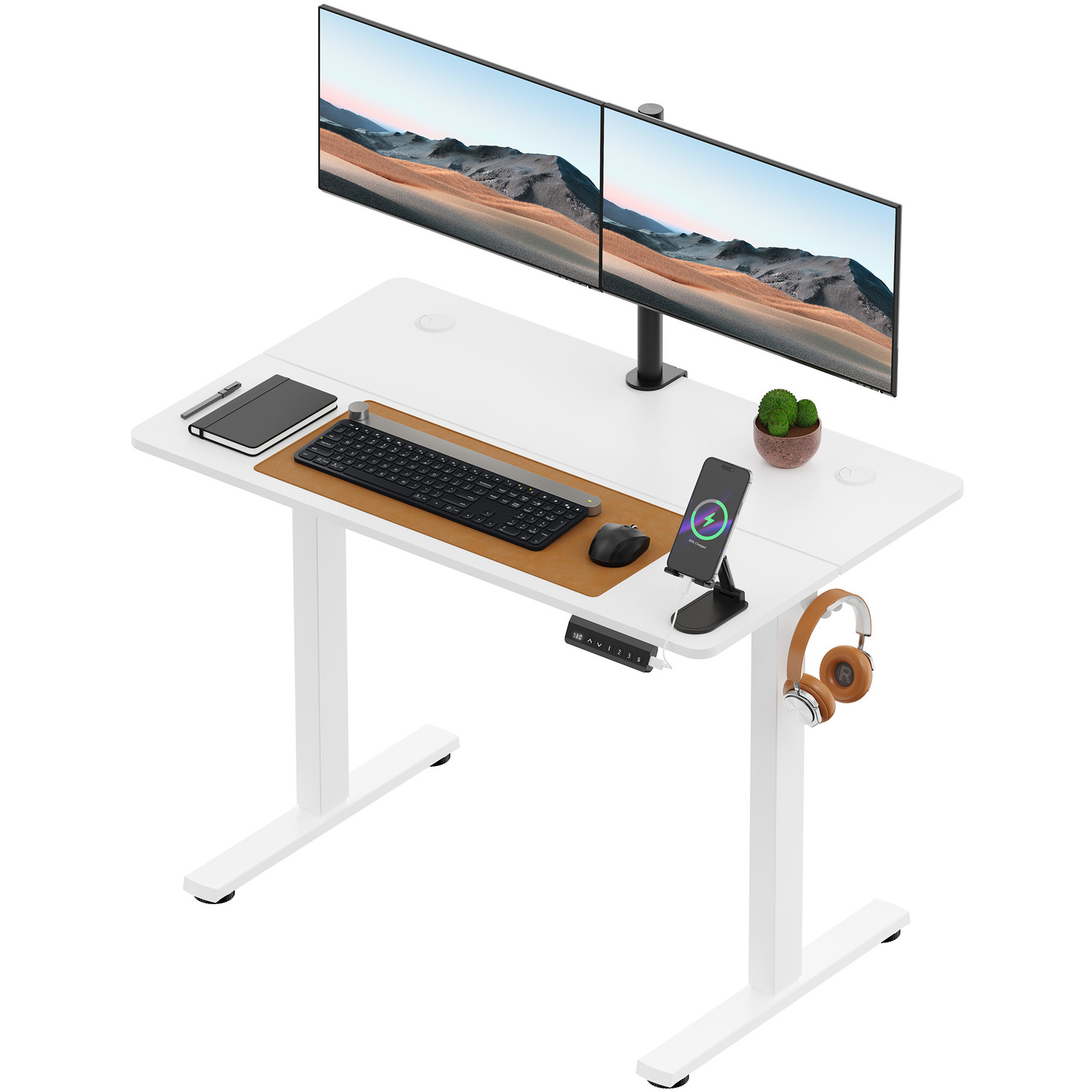 Small Electric Standing Desk With Height Preset - White Steel Particle Board Melamine