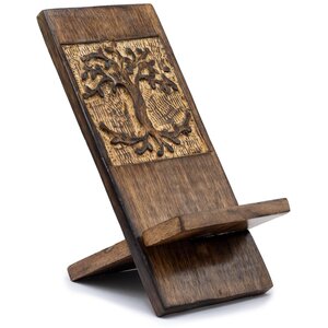 Hand Carved Tree of Life Wooden Phone Stand Eco Friendly Mango Wood