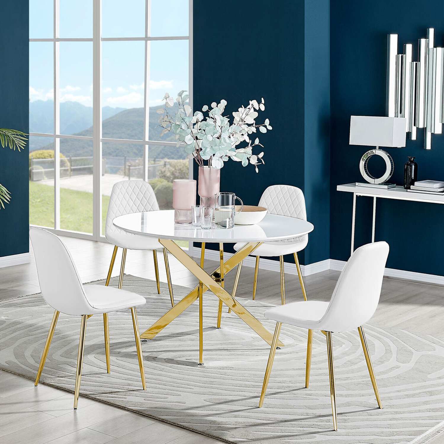 Novara White Gloss Gold Leg 120cm Dining Table with 4 Corona Gold Leg Chairs - White