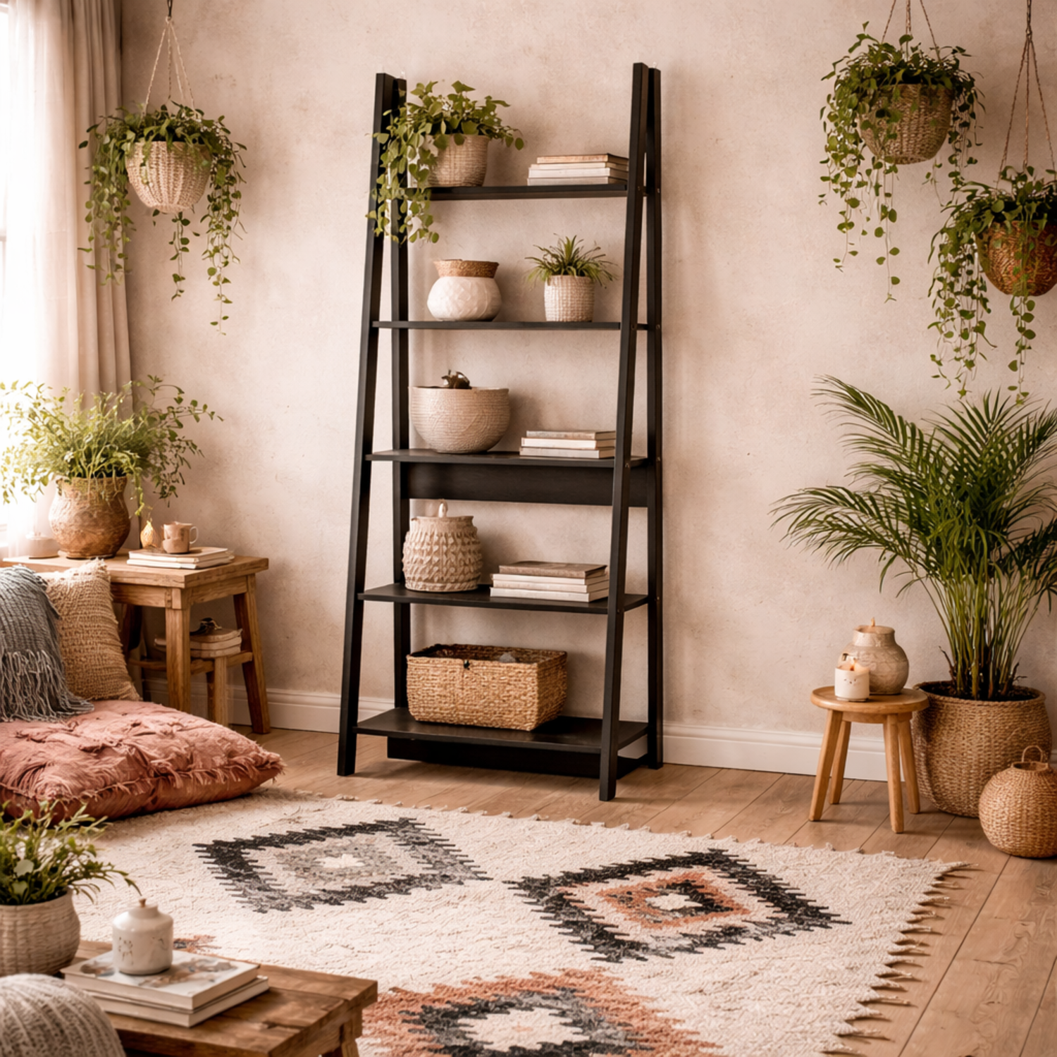 Athy Black Wooden Ladder Bookcase 5-Shelf Matt Finish - Black