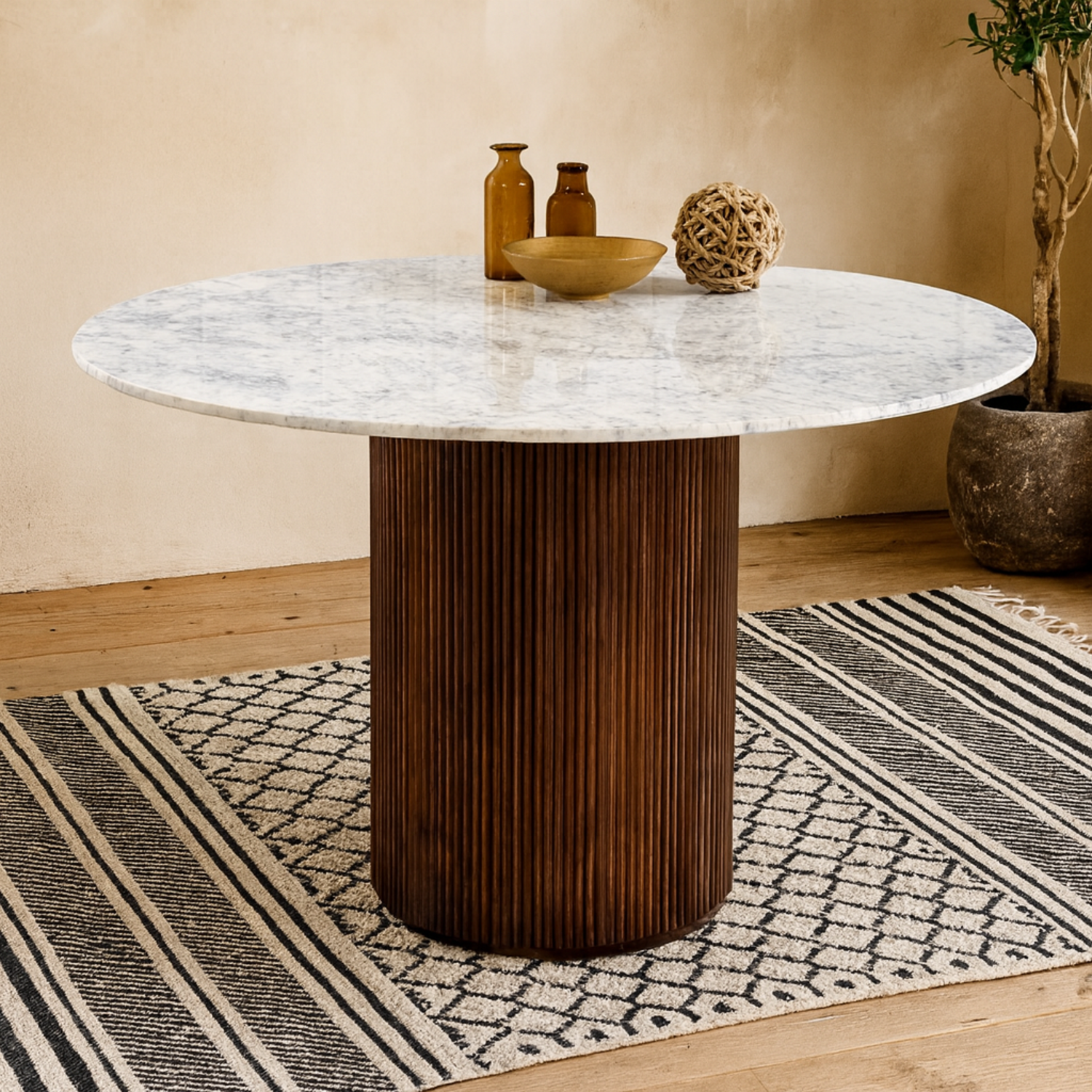 Alabama Ribbed Mango Wood Round Dining Table with Marble Top - Brown