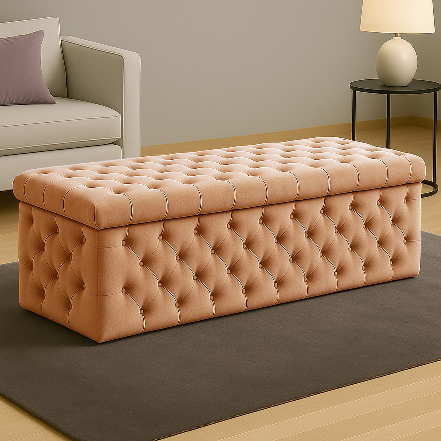 R&M Furnishers Wide Lux Ottoman Storage Box, Emerald Green Velvet Upholstered Chesterfield Storage Ottoman Box - Mink Plush Velvet