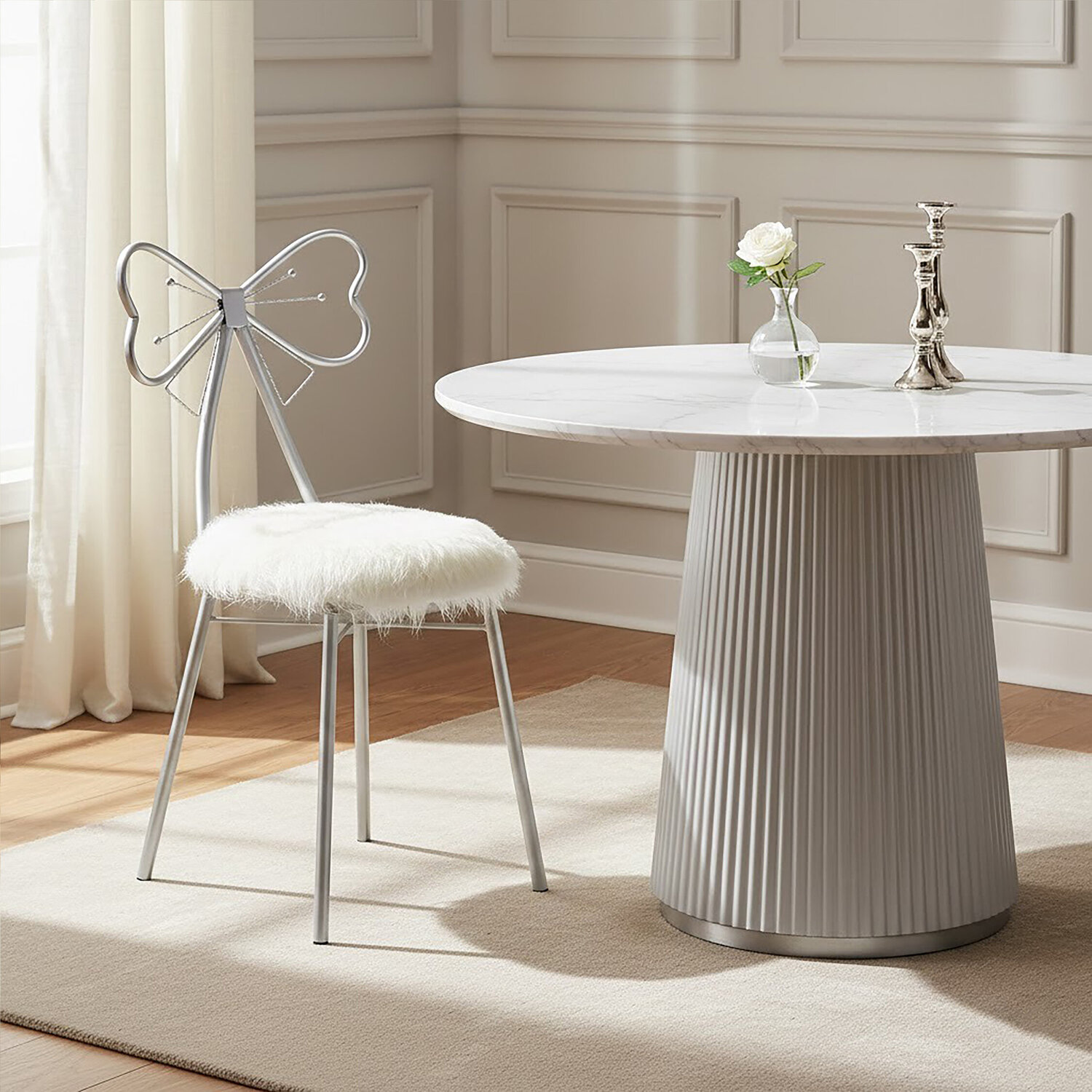 Jolie Silver and  Faux Fur Bow Back Dining Chair - Silver