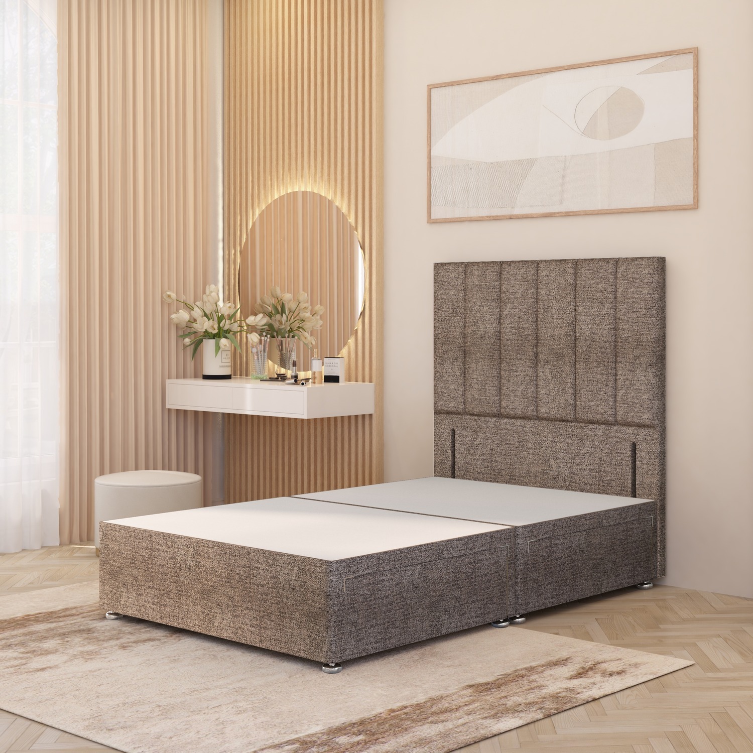Austin Tweed Fabric Divan Bed Base With 54 Floor Standing Headboard - Coffee Double 54kg