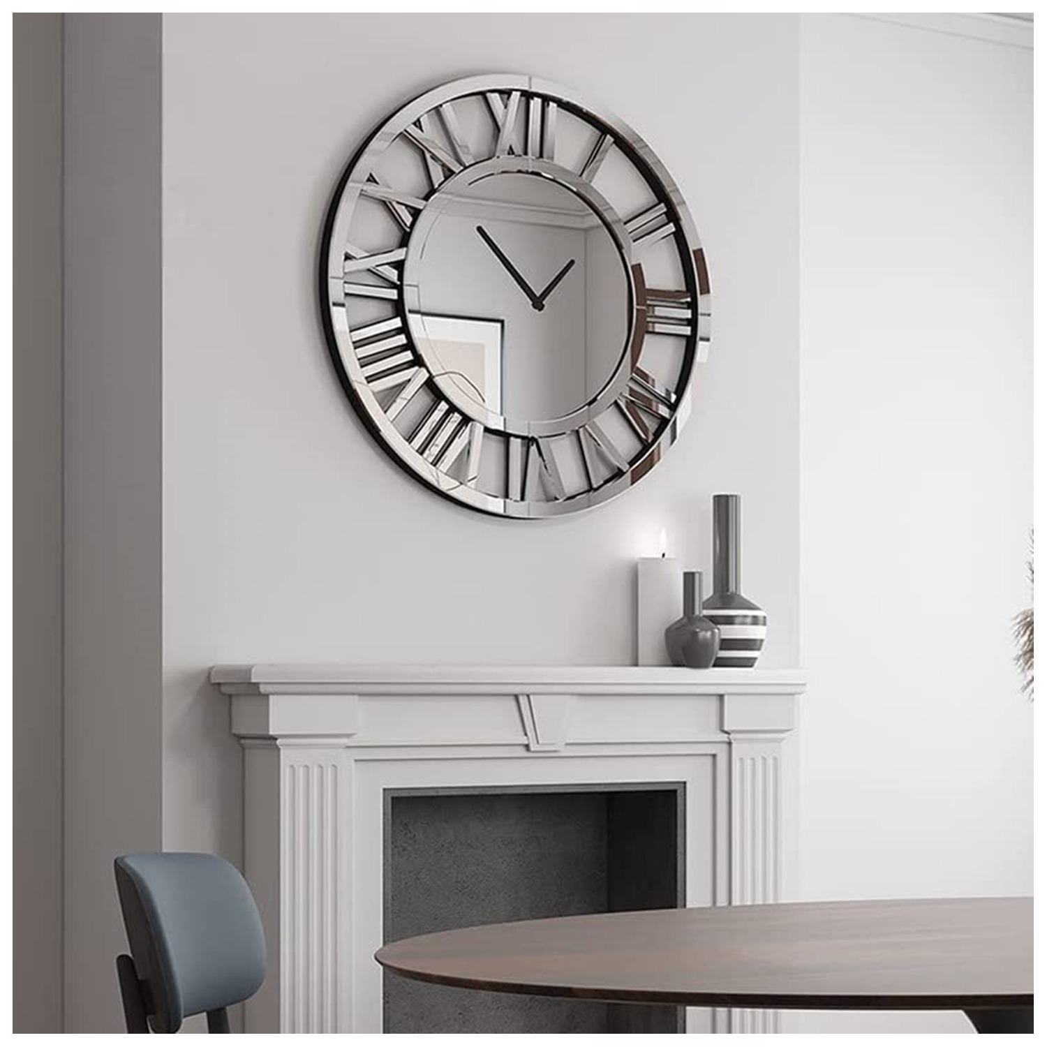 Full Mirrored Round Wall Clock Large Roman Numeral Silent - Silver