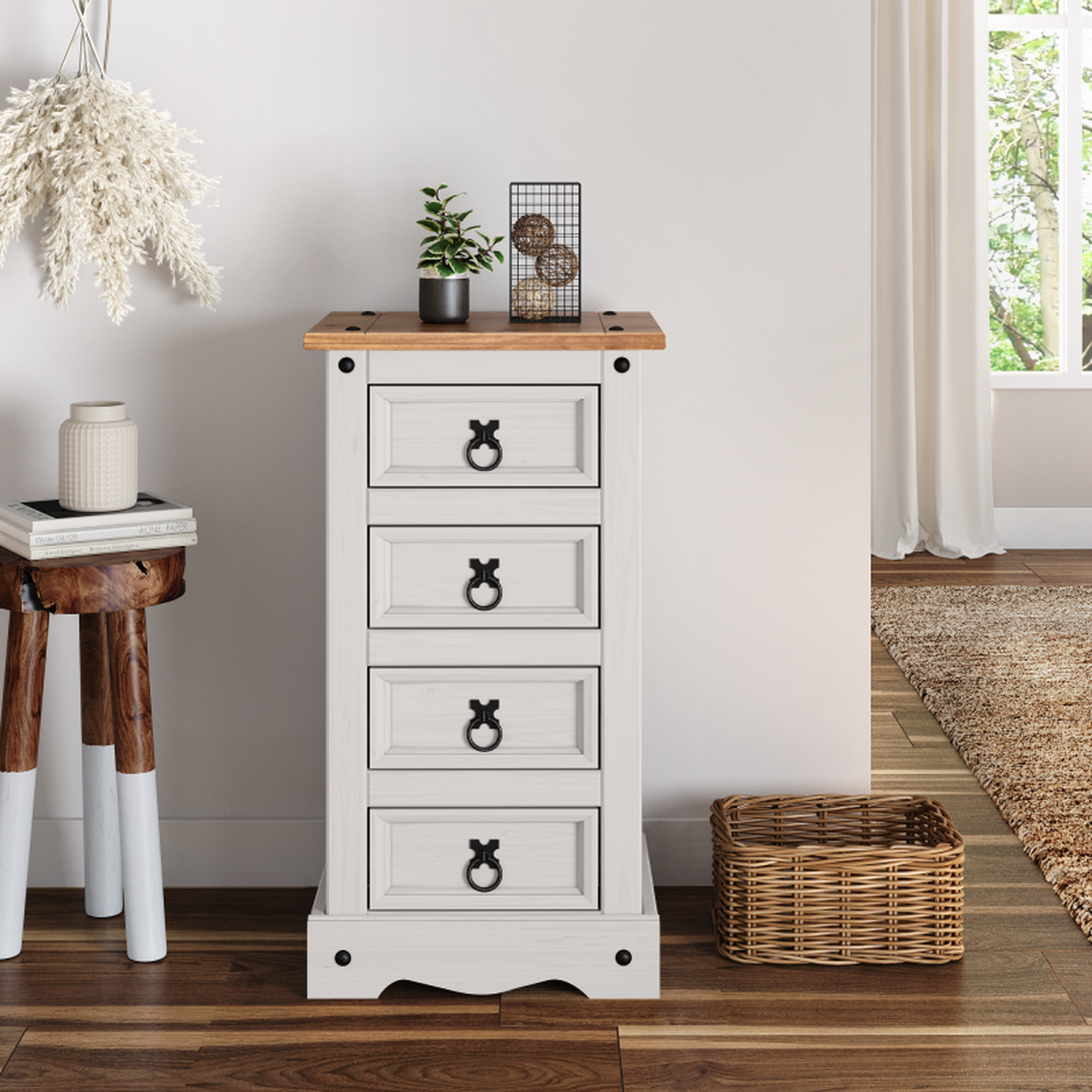 Corona Narrow 4 Drawer Bedside Cabinet Solid Wood Pine Wooden - Distressed White Wax