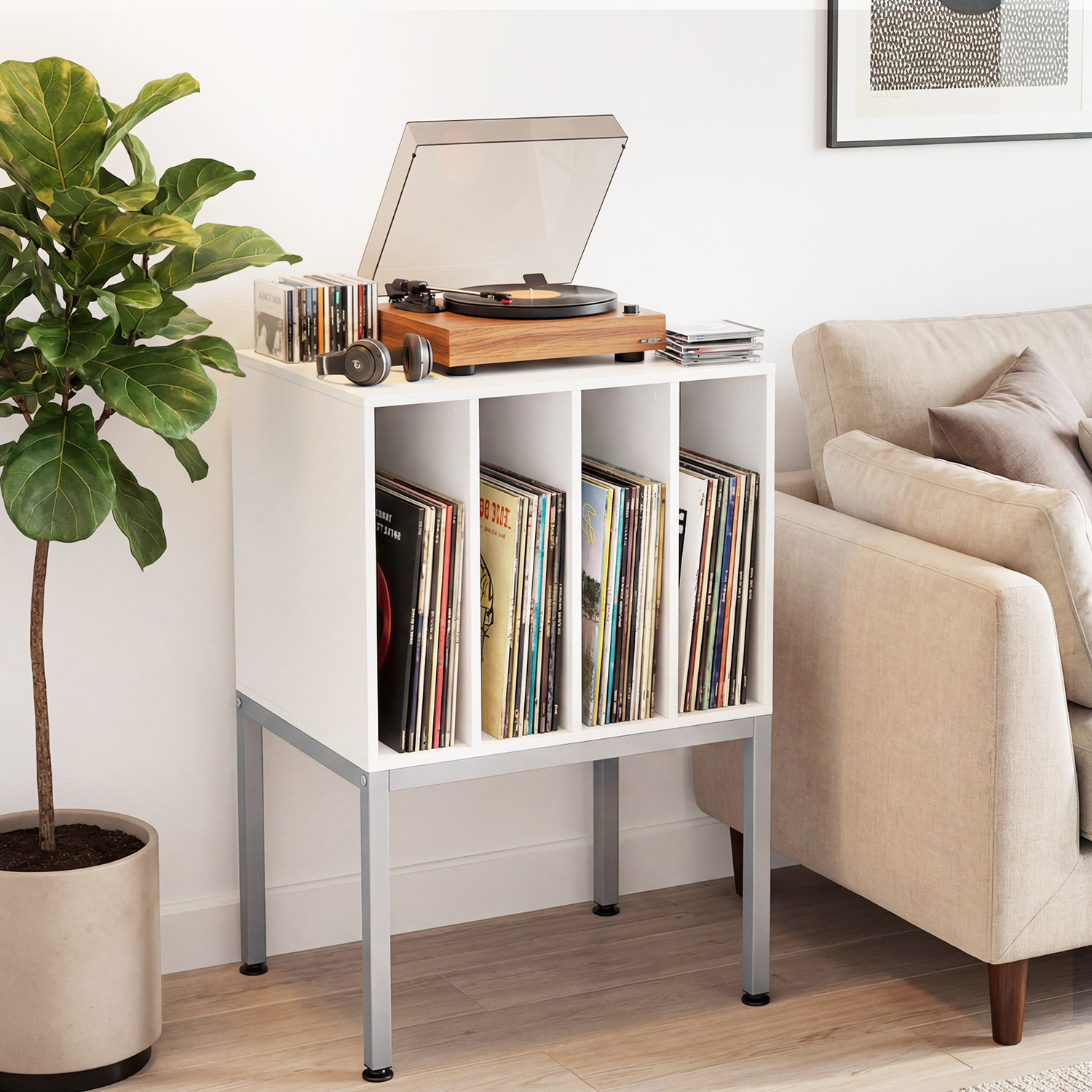 Bedside Table Record Storage Table - White