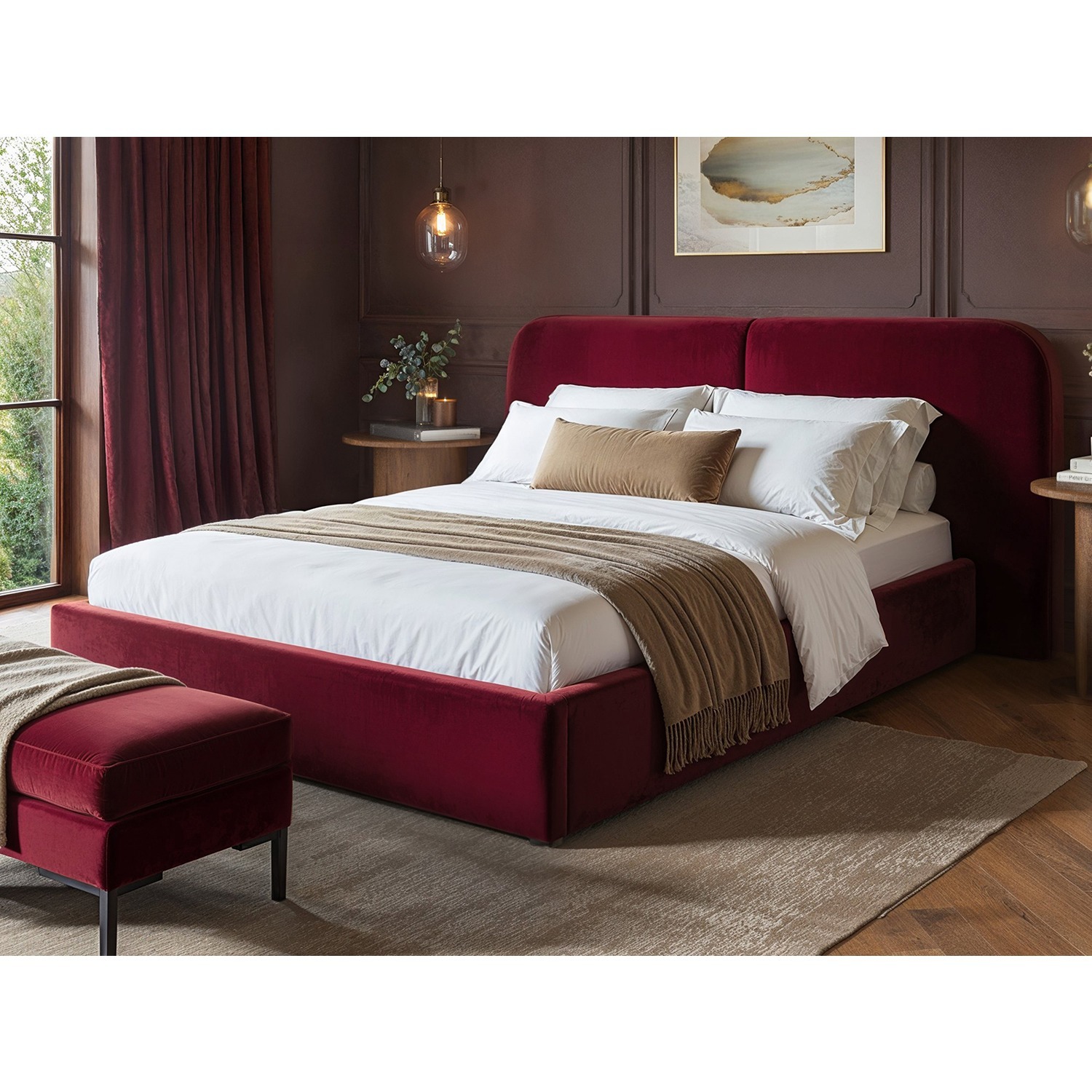 Solace+Co Lena Double Ottoman Bed Burgundy Velvet, Red