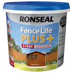Ronseal Fence Life Plus+ Medium Oak 5 Litre - 5 Year Protection for Sheds and Fences