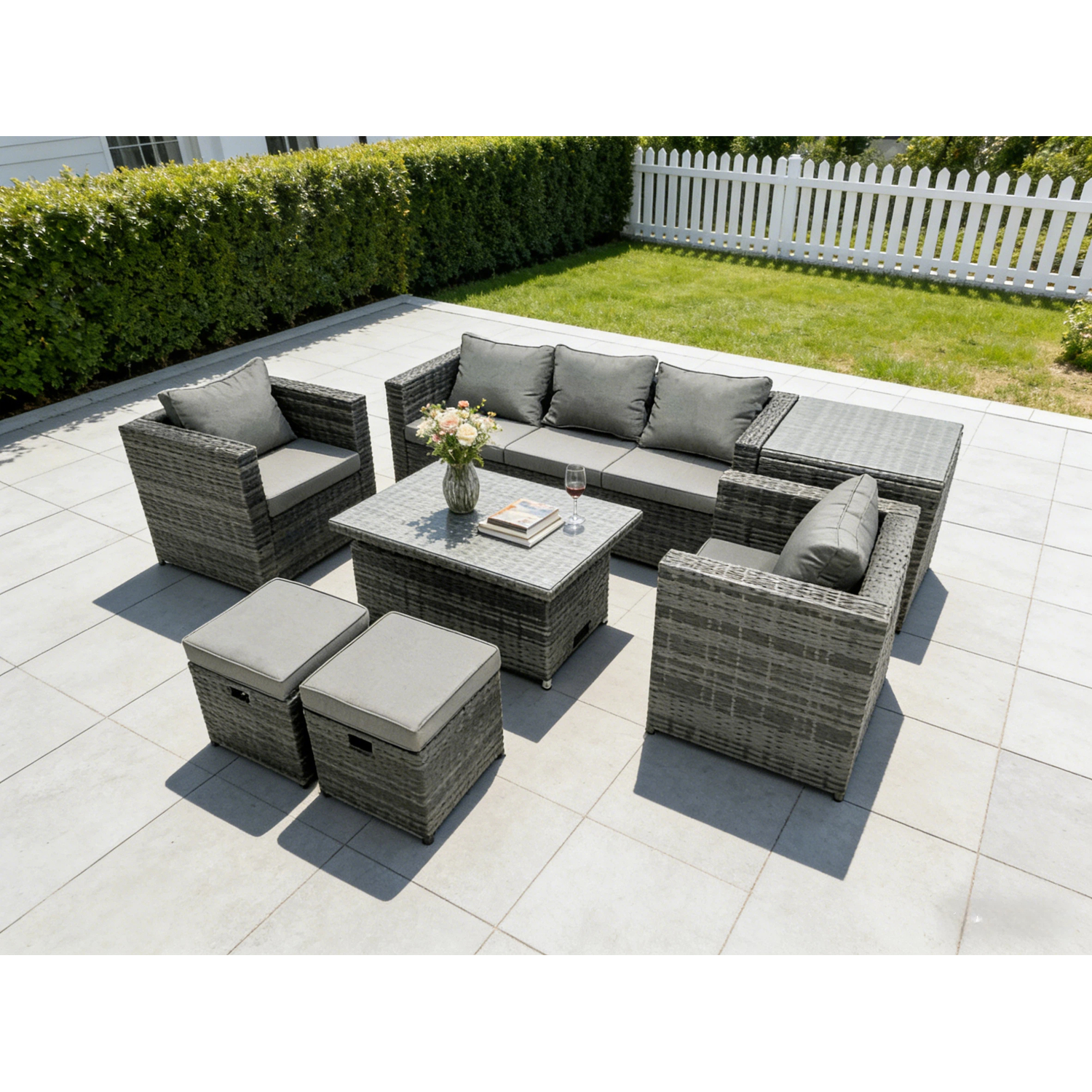 Fimous Rattan Set Rising Table Lounge Footstools Side Table