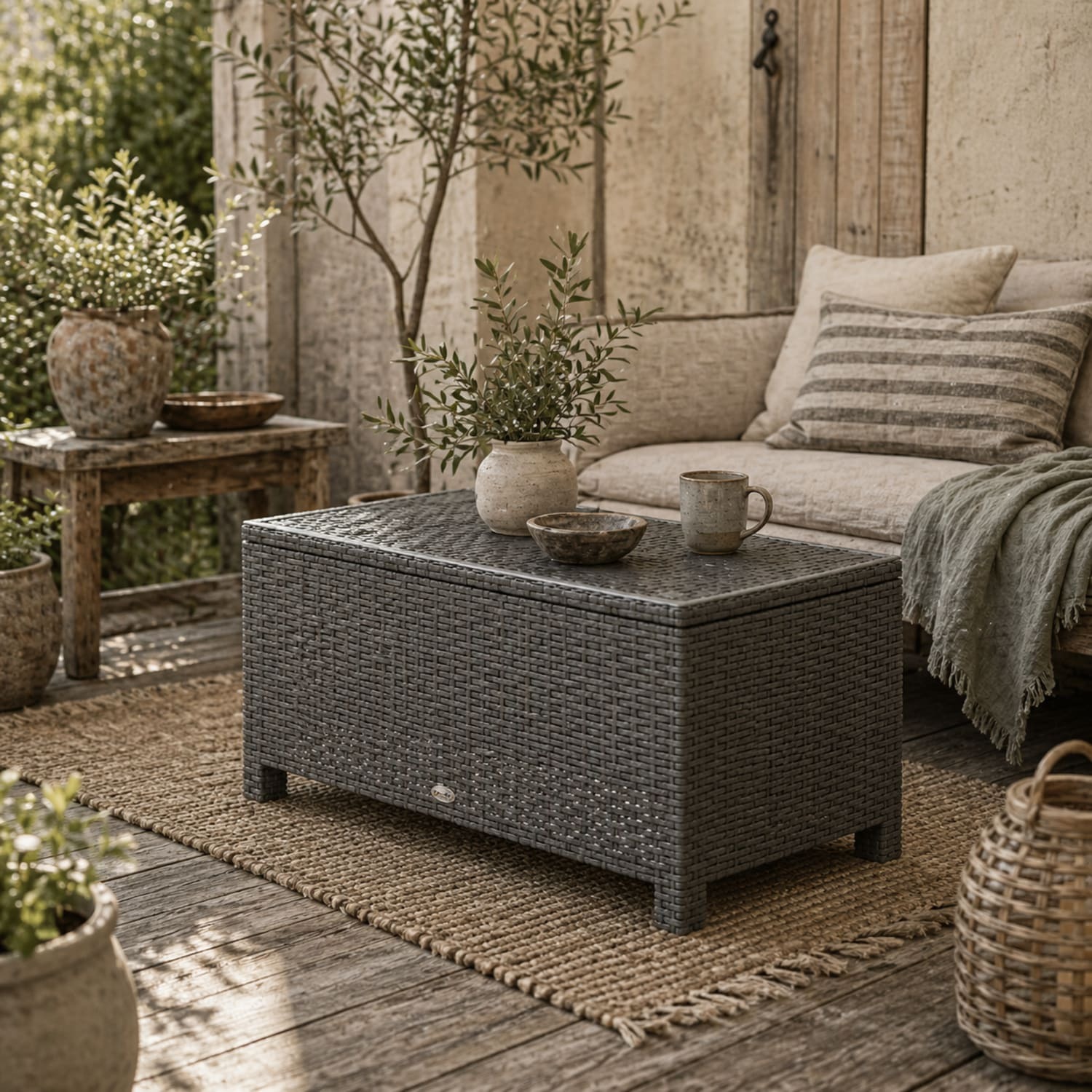 Wyld Haus Viluno Pafi Rattan Light Grey Outdoor Coffee Table With Glass Top