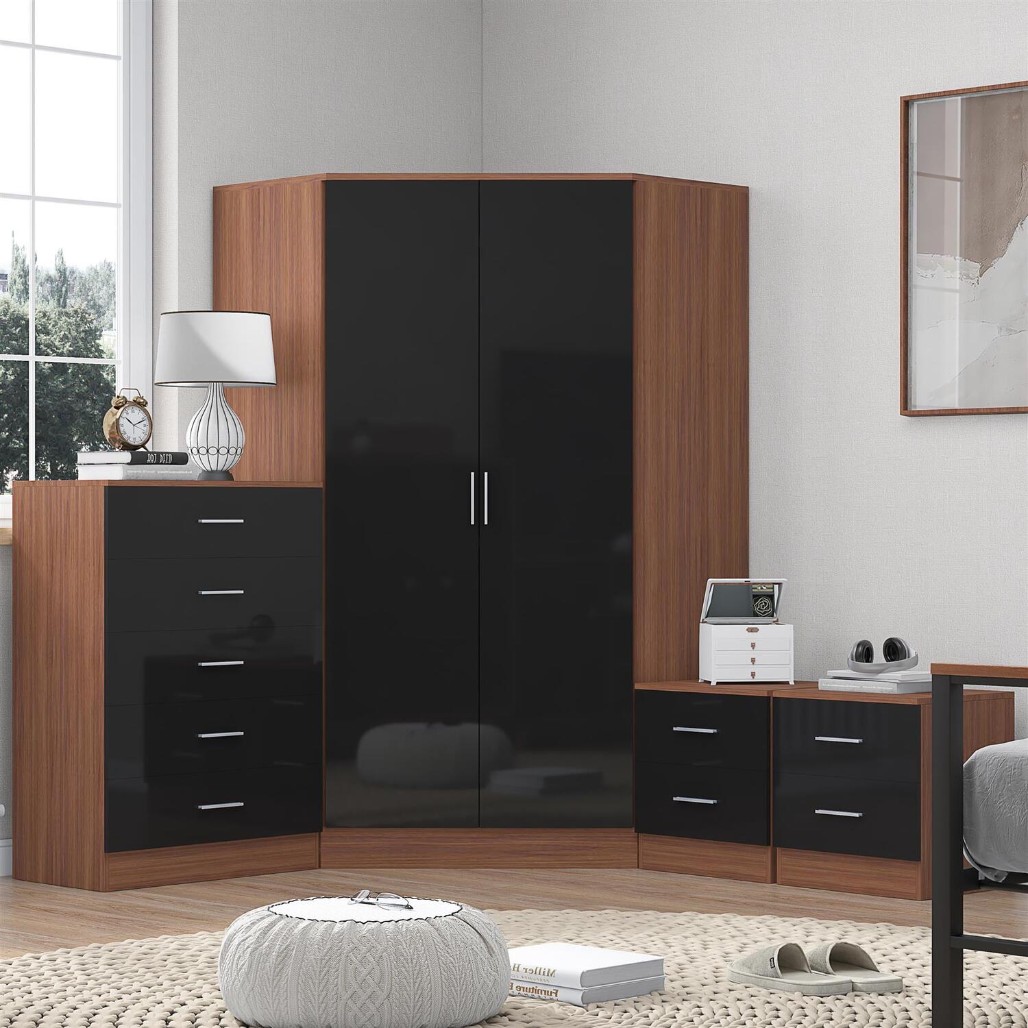 B&Q - 2 Door Corner Wardrobe5 Drawer Chest2X 2 Drawer BedsidesBlack Gloss & WalnutBedroom Furniture Set - Image 6