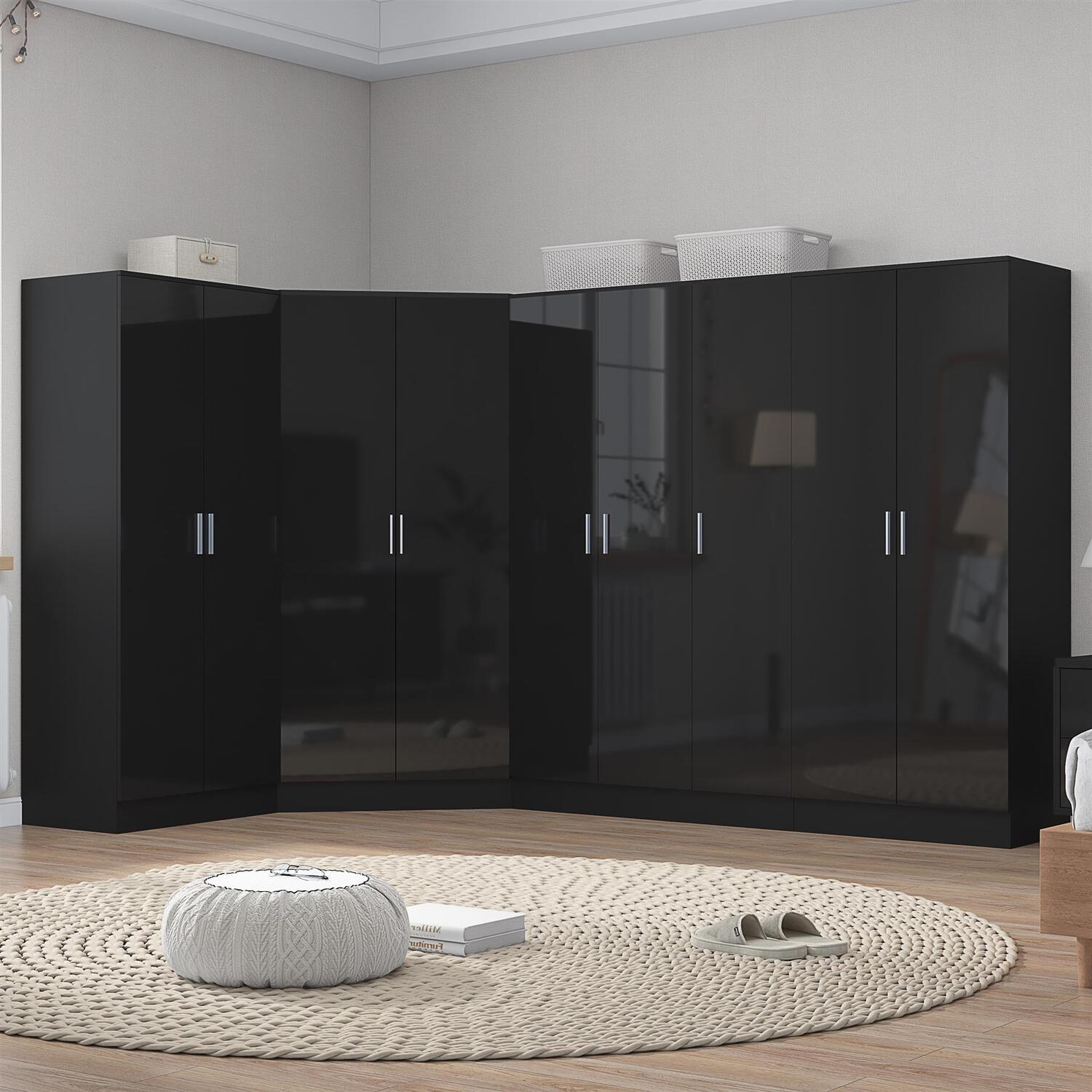 B&Q - 4Pc Wardrobe Bundle2 Door Corner + 3 Door Plain + 2X 2 Door PlainBlack Gloss & Black OakH: 180Cm X W: 179Cm - Image 6