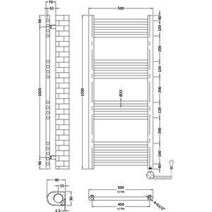 Croxall Electric Round Tube Heated Towel Rail with 17 Bars, 1200mm x 500mm