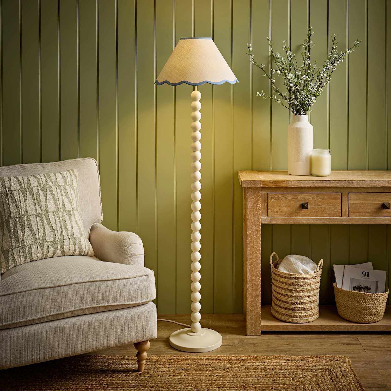 Valuelights Bobbin Colour Trim Linen Shade Bobble Floor Lamp - Cream Blue Trim - Cream