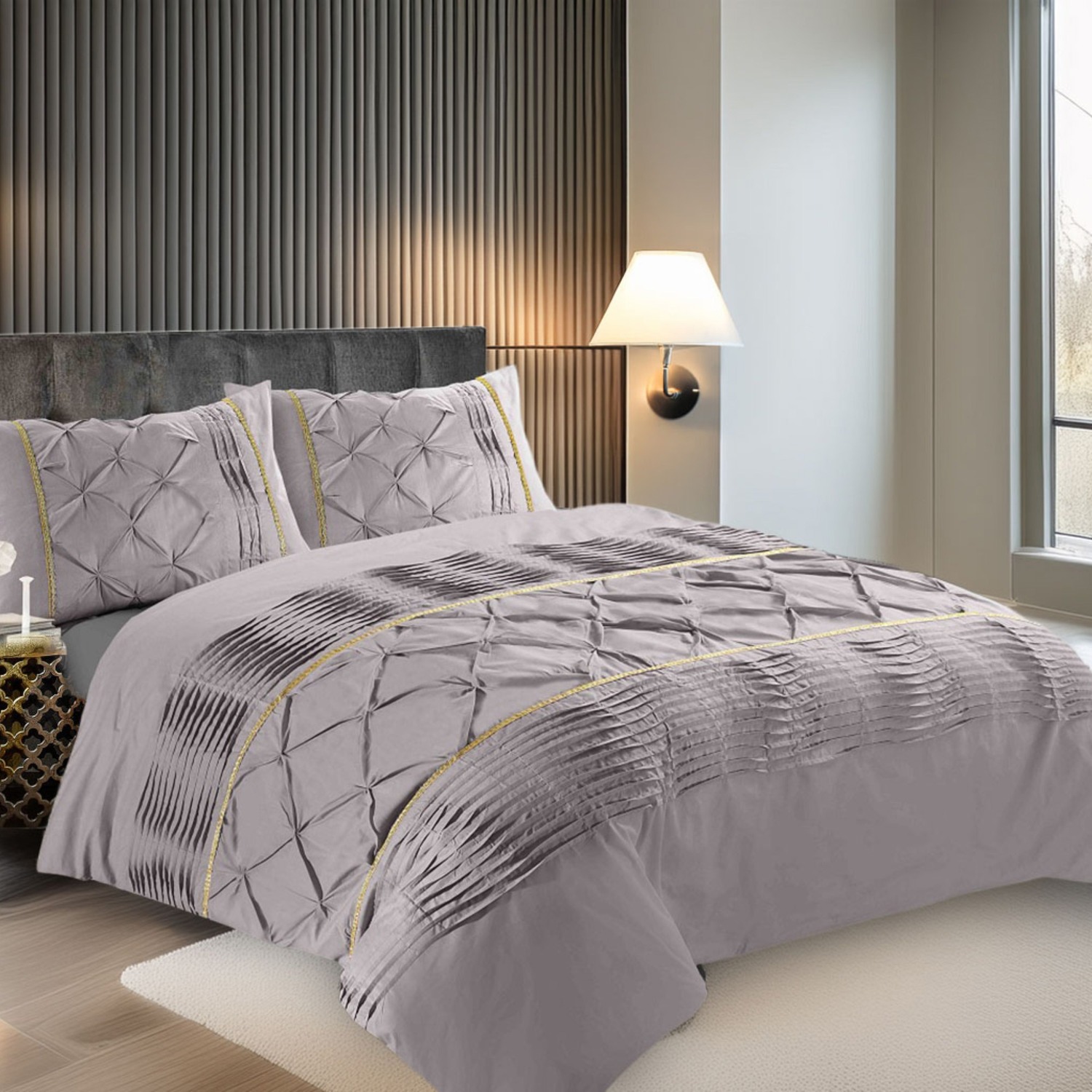 Duvet Cover And Pillowcase Set Silver Black Red Lilac White Pintuck Pleated Design Polycotton Linen - Silver / Double