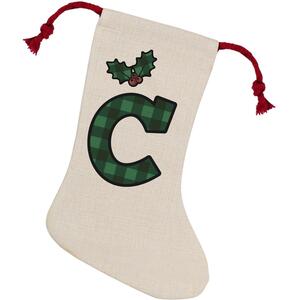 Green Tartan Alphabet Letter C Stocking - Novelty Xmas Gift - Linen-Style With Red Drawstring Ties