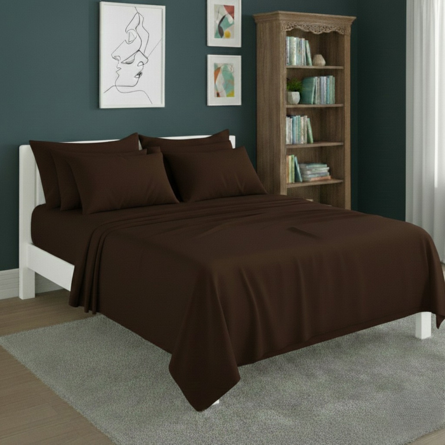 Snug City Plain Poly Cotton Easy Care Fitted Flat Sheet Matching Pillowcases Set in Brown | Size: Single
