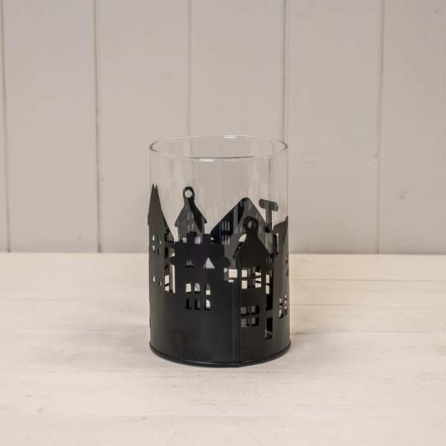 Medium Black Metal House Scene Candle Holder with Glass Insert - Black