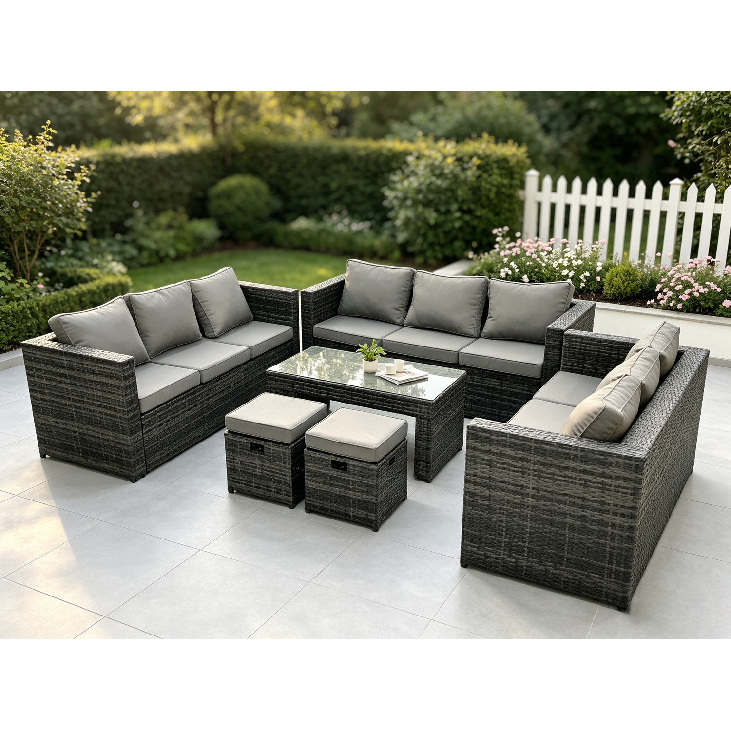 B&Q - Outdoor Rattan Garden Furniture Lounge Sofa Set With Oblong Rectagular Coffee Table 2 Stools - Image 2