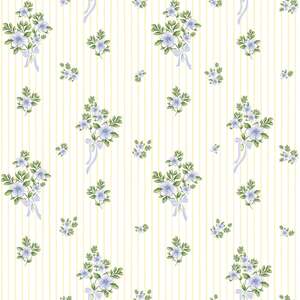 Sample of Floral Bouquet Pinstripe Wallpaper in Blue and Yellow