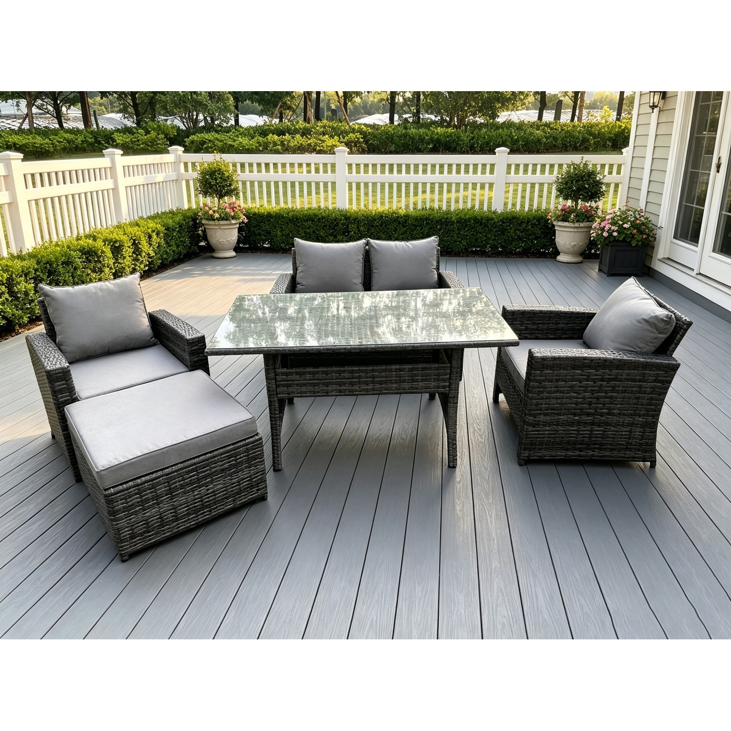 Fimous Unisex Dark Grey Seater Outdoor High Back Rattan Sofa Dining Table Set Love Seat Garden Furniture Big Footstool Size 5 - Image 2